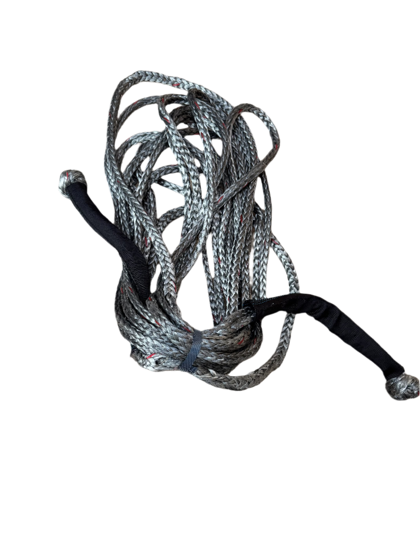 "Wobbles Offroad 3/8-inch winch rope extension with built-in soft shackles, coiled neatly on a white background."