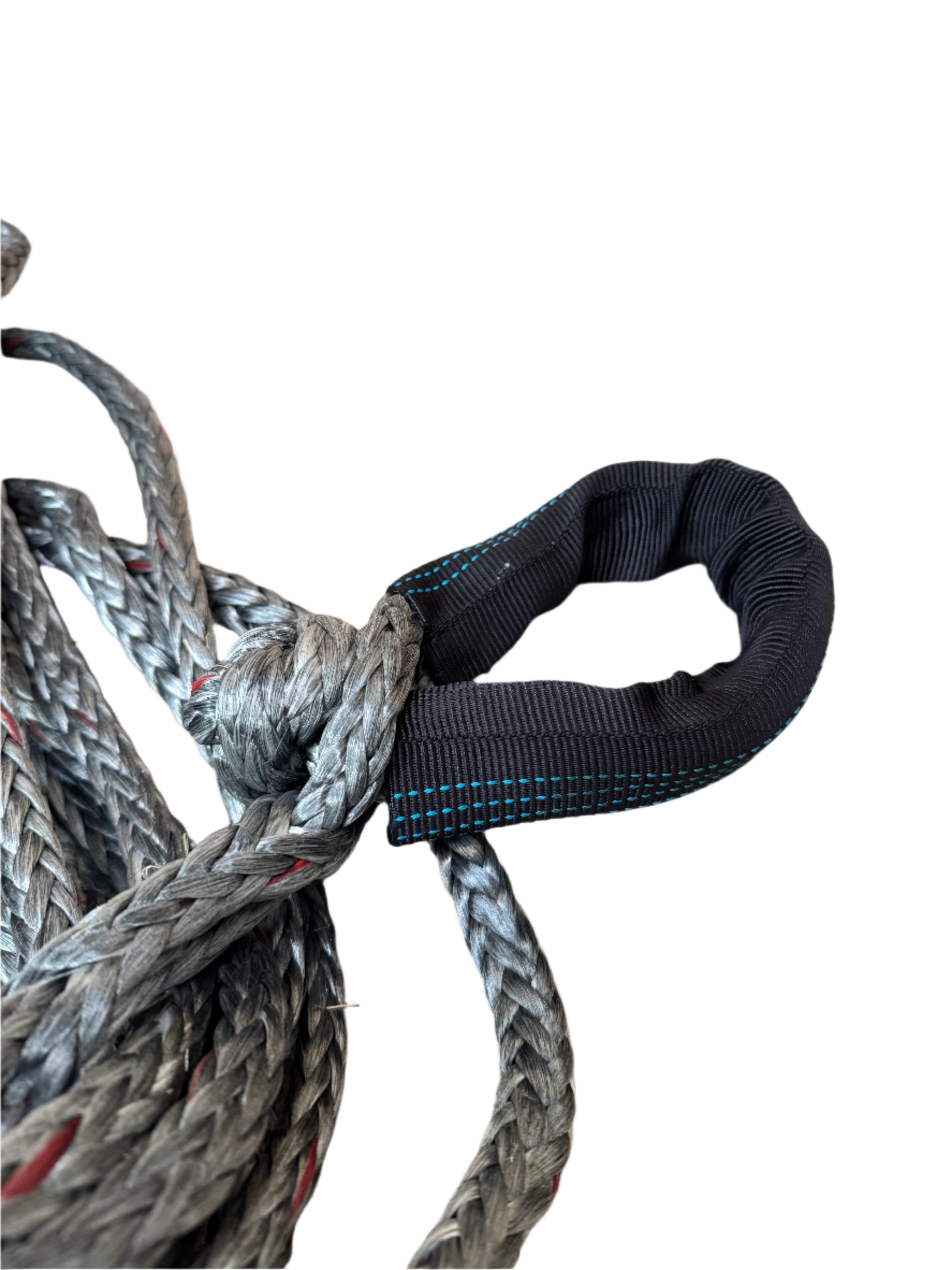 "Close-up view of the built-in soft shackle on the end of the Wobbles Offroad synthetic winch rope extension."