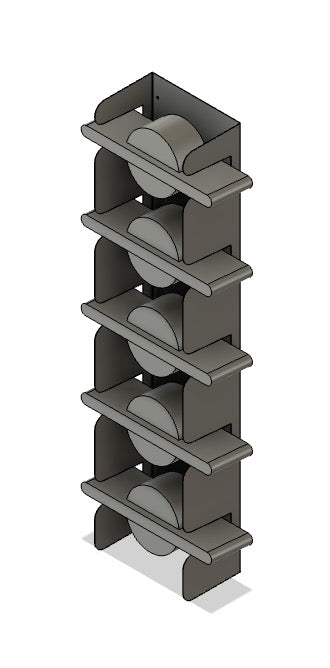 "Durable OneWheel holder made from 1/8" aluminum, designed to store and display OneWheels securely. Can hold 1 to 5 boards, with options for tabletop or wall mounting. Provides a sleek and versatile storage solution to keep your OneWheel collection organized and safe."