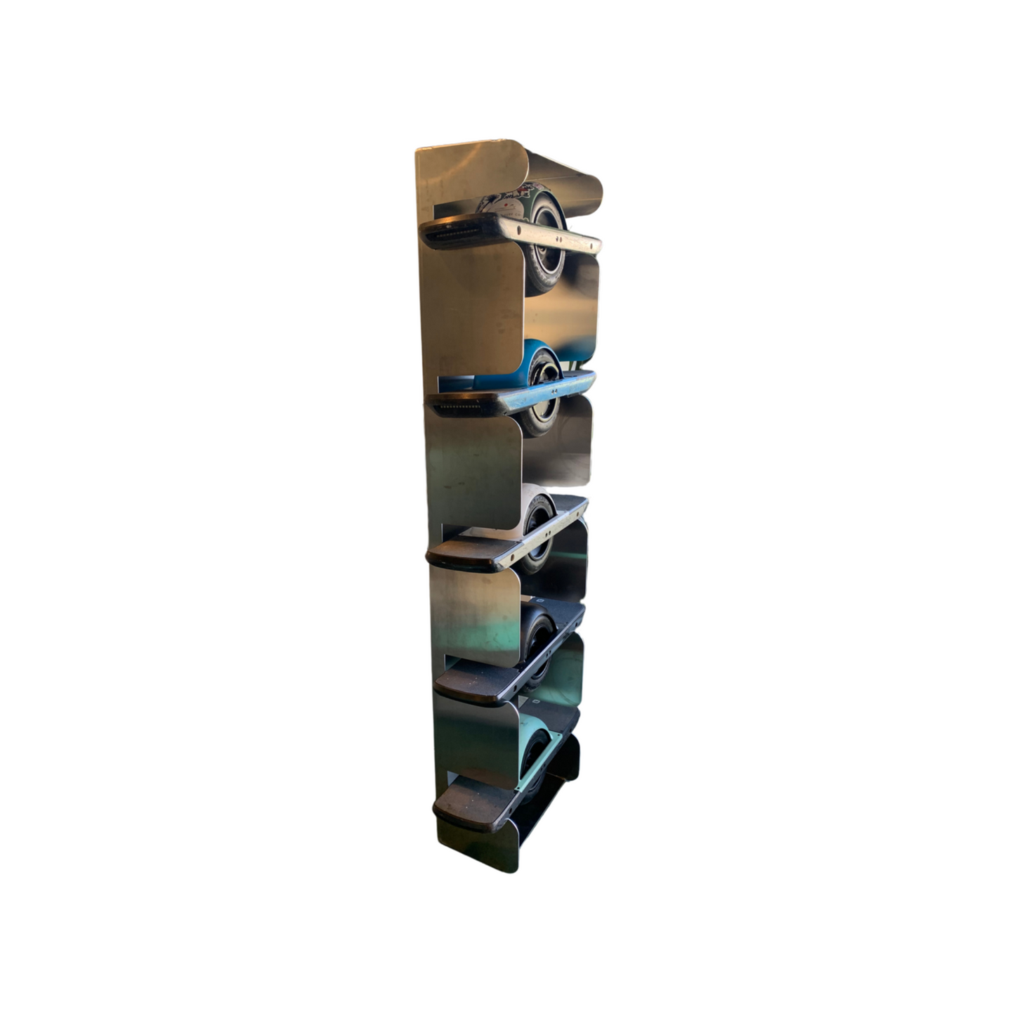 "Durable OneWheel holder made from 1/8" aluminum, designed to store and display OneWheels securely. Can hold 1 to 5 boards, with options for tabletop or wall mounting. Provides a sleek and versatile storage solution to keep your OneWheel collection organized and safe."