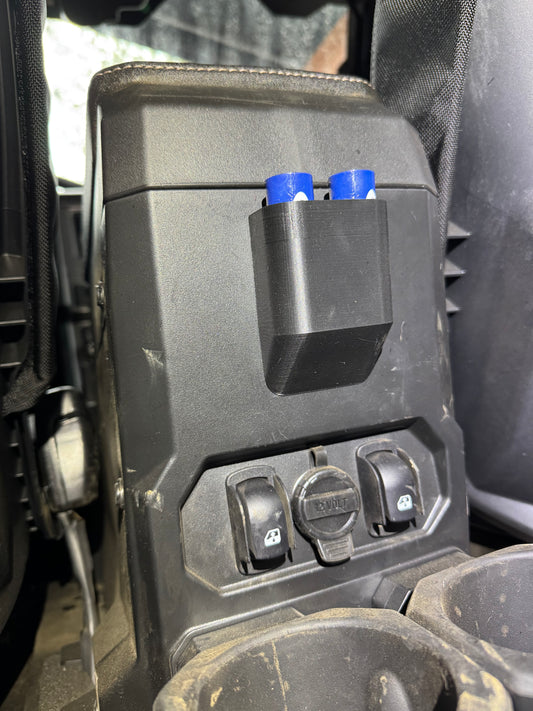 Rugged Radios Dual Headset/Helmet Jack Vertical Flush Mount by Camo's Custom Fab, designed for compact, efficient installation of intercom cables. Made from high-strength carbon fiber reinforced filament, this durable, 3D-printed mount offers a sleek, flush fit in tight spaces. Ideal for off-road vehicles, racecars, and applications with limited space. Available in gray or black.