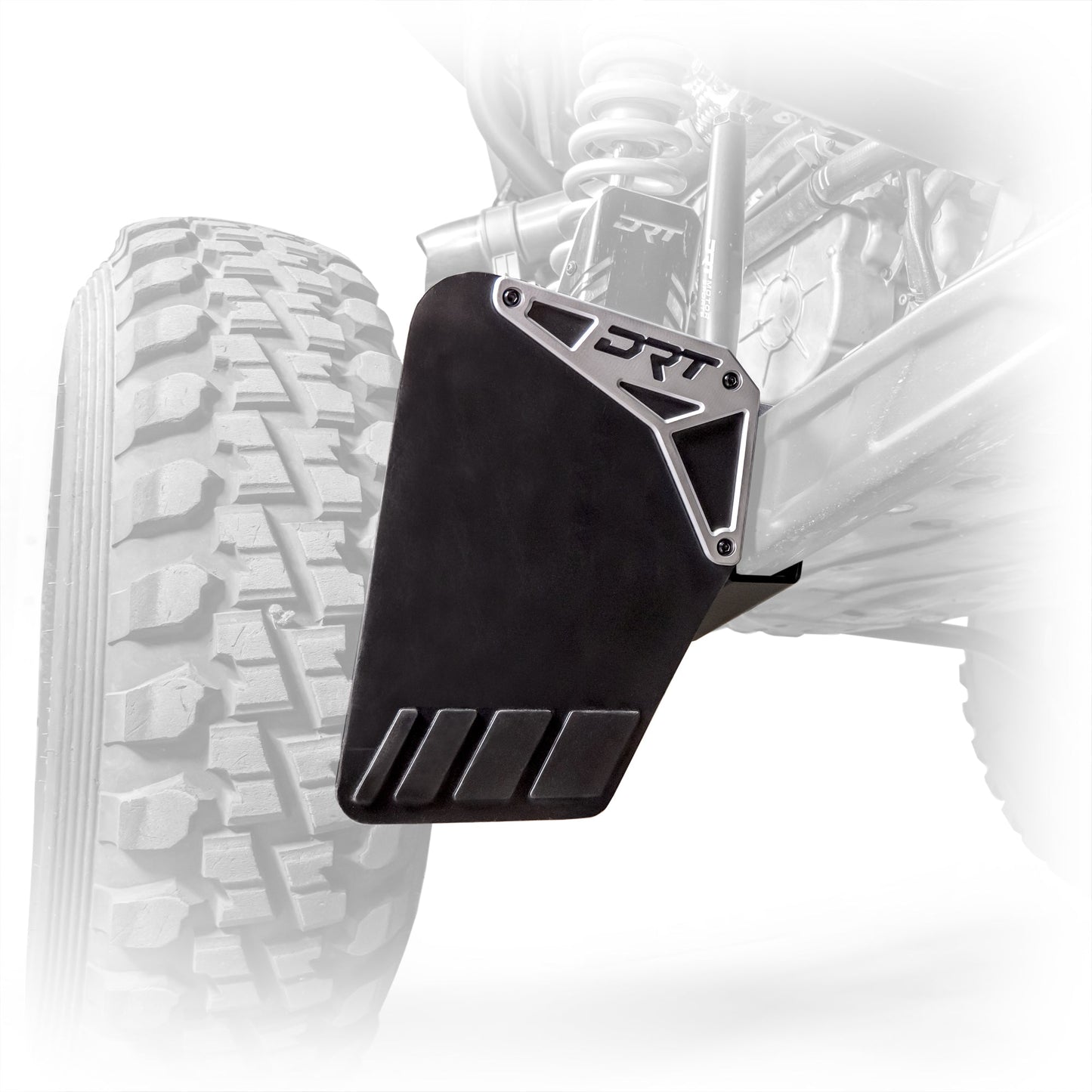 Polaris RZR Pro XP billet aluminum rock guard installed view rear suspension