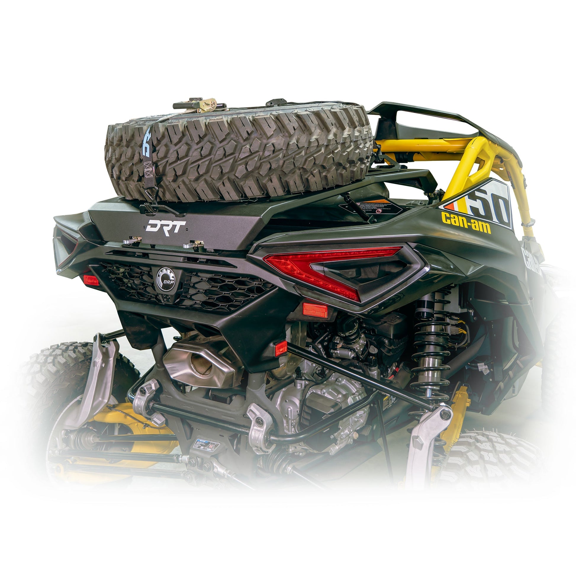 Adventure rack with boxed frame style tire carrier for Maverick R offroad use