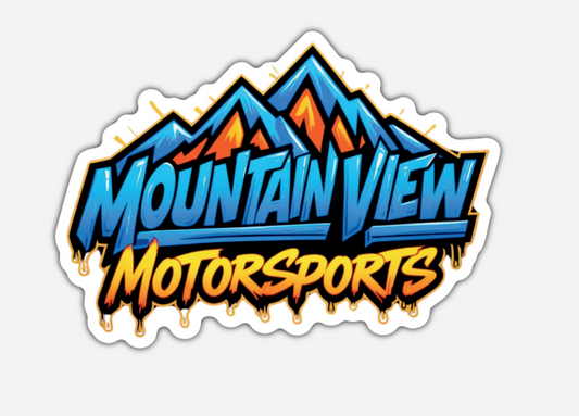 Mountain View Motorsports logo sticker with mountain peaks and bold blue and orange text, dripping style at the bottom.