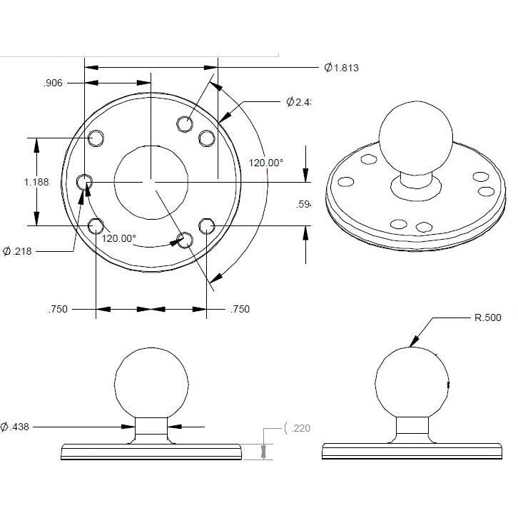 RAM Round Plate with Ball - B Size - 1 Inch