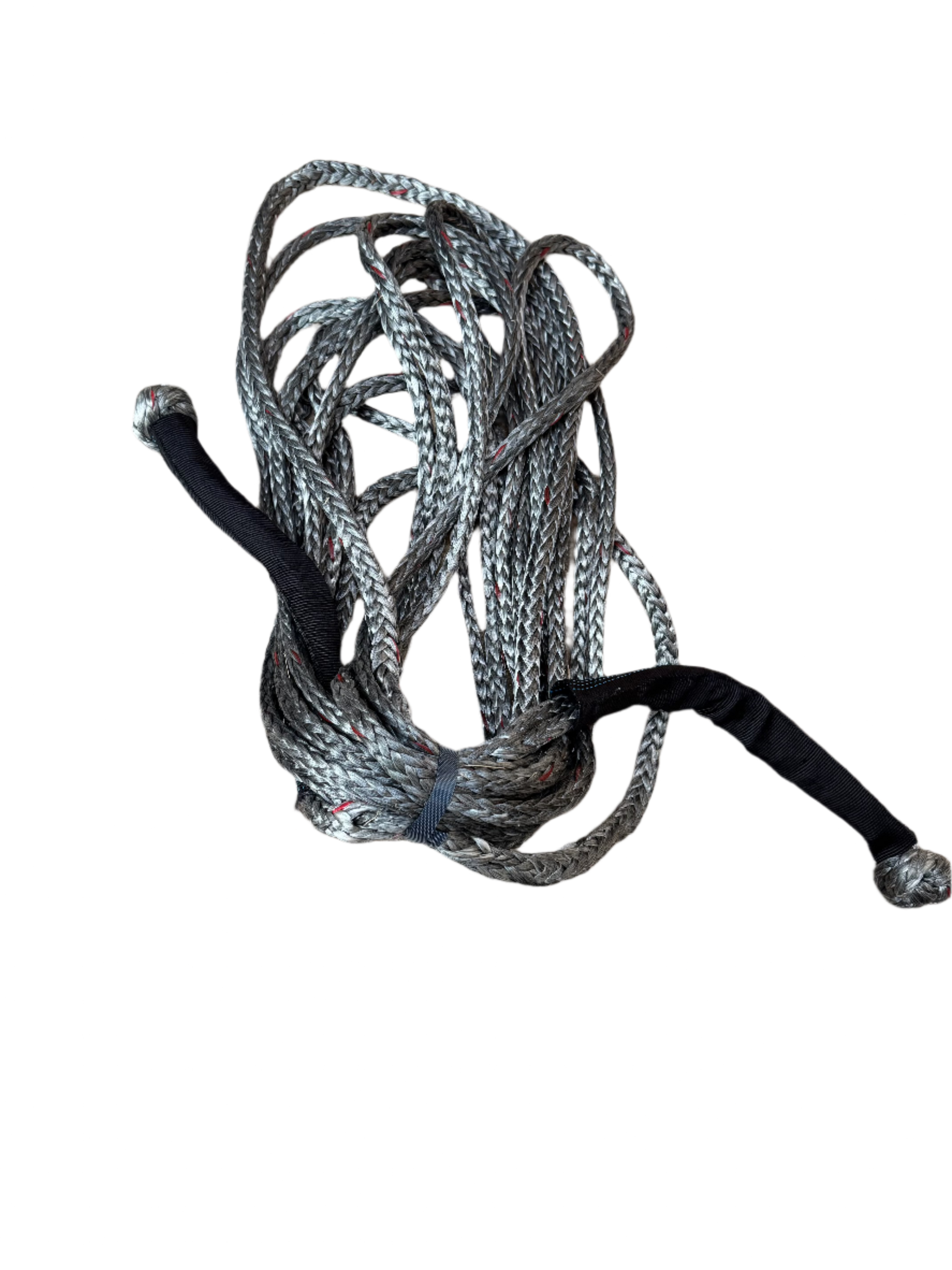 "Wobbles Offroad 3/8-inch winch rope extension with built-in soft shackles, coiled neatly on a white background."