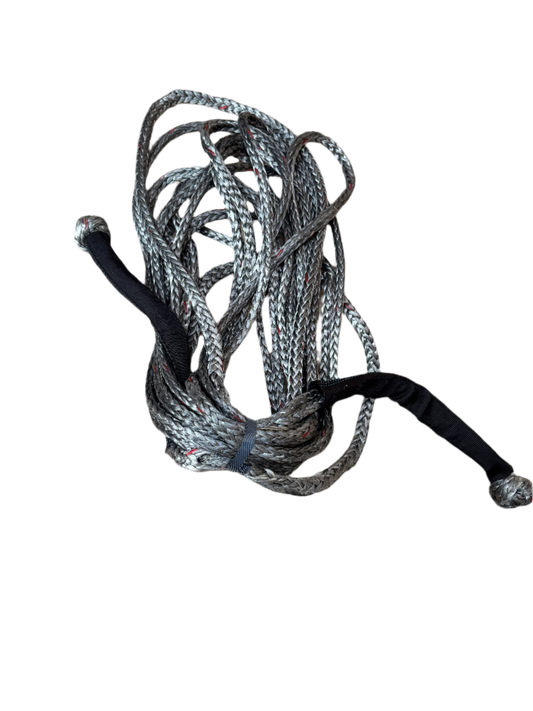 "Wobbles Offroad 3/8-inch winch rope extension with built-in soft shackles, coiled neatly on a white background."